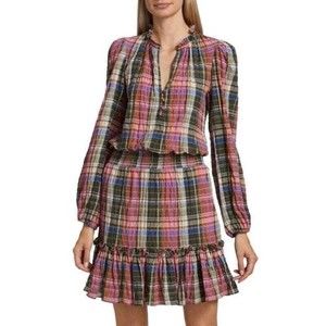 Veronica Beard Destiny Mini Dress Pink Plaid Ruffle Smocked Waist Sz 0 NEW $378
